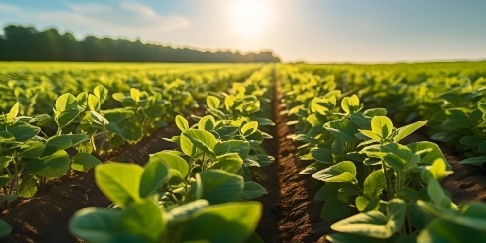 Agricultural soy plantation on sunny day - Green growing soybeans plant against sunlight