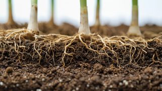 Germinating seed roots in soil, clear sectional view, ample text space, clean setting