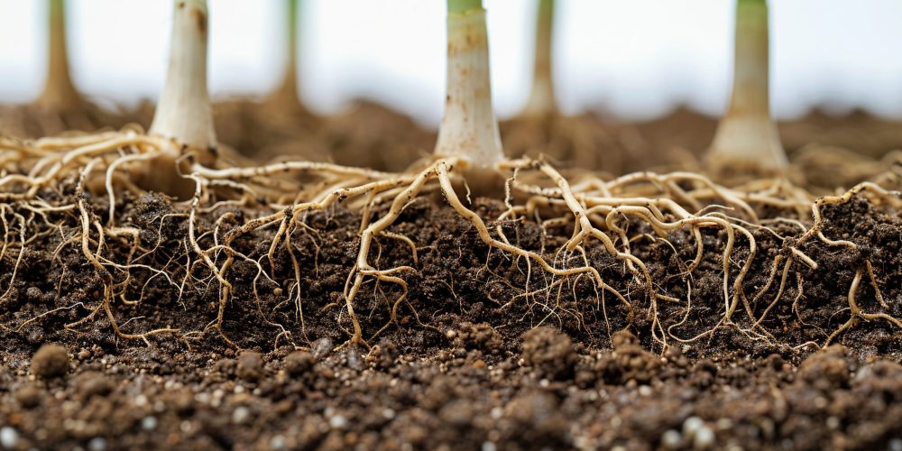 Germinating seed roots in soil, clear sectional view, ample text space, clean setting