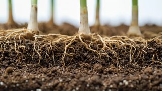 Germinating seed roots in soil, clear sectional view, ample text space, clean setting